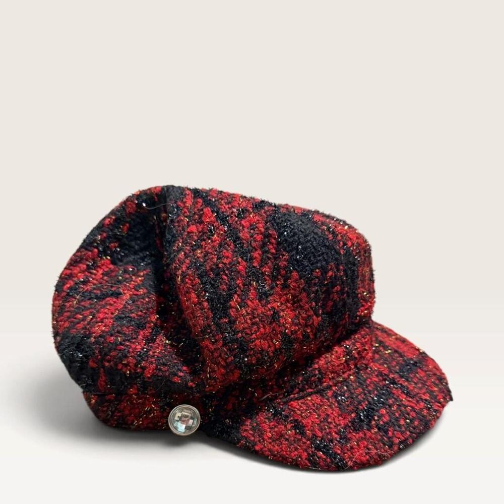 Joe boxer redblack tweed beret with rhinestone button accent